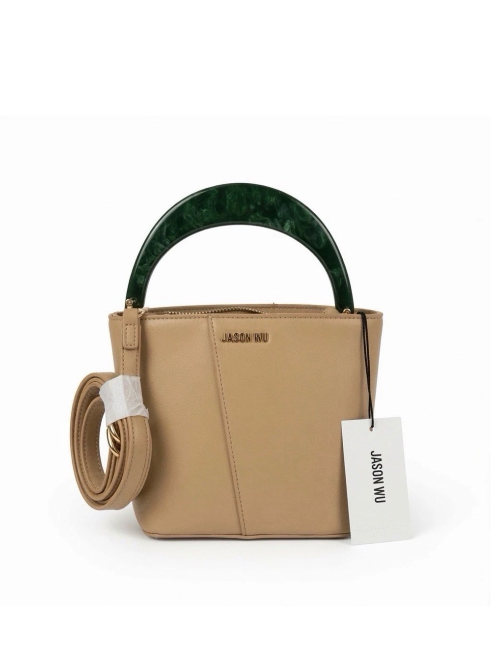 ✨ Jason Wu Mini Top Handle Bag Beige Vegan Leather Green Marble Handle NWT Chic